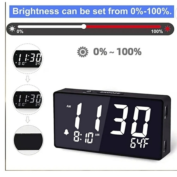 DUAL ALARM CLOCK Digital 24HR USB Charger Large Display Dimmable New - Picture 8 of 12